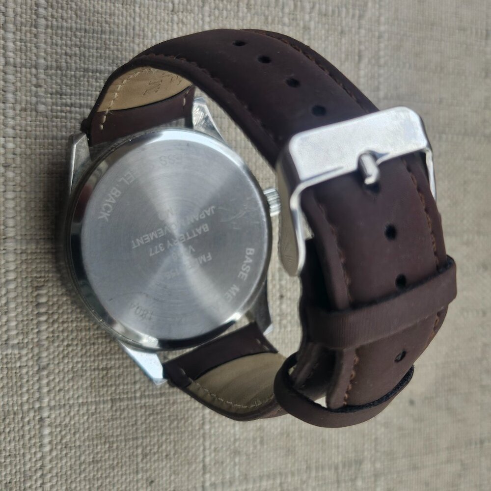 FMD Men Watch Faux Brown Leather Band Quartz Black Face Wristwatch - Picture 6 of 10